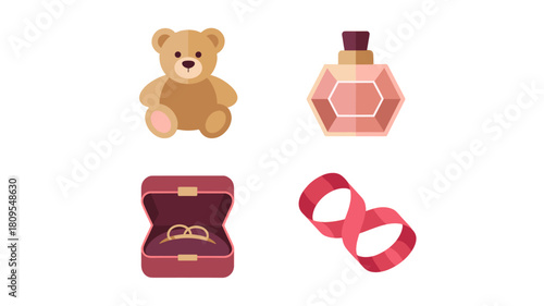 Four items that represent gifts, including a teddy bear, perfume bottle, engagement ring, and infinity symbol.