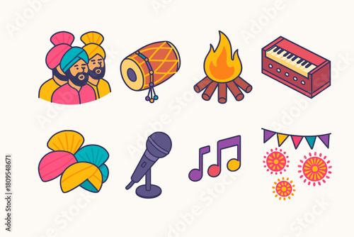 Lohri Celebration Icons. Lohri Joyful Singing flat icons set. group of singers, dhol drum, bonfire, harmonium, colorful turbans, microphone, music notes, festive backdrop