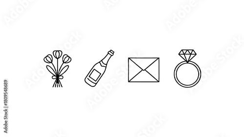 A collection of simple line drawings representing flowers, champagne, an envelope, and a diamond ring.
