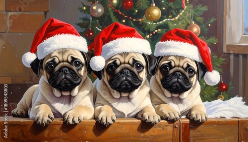 Three adorable, festive pugs wearing Santa hats pose in front of a Christmas tree and a window with a snowy view