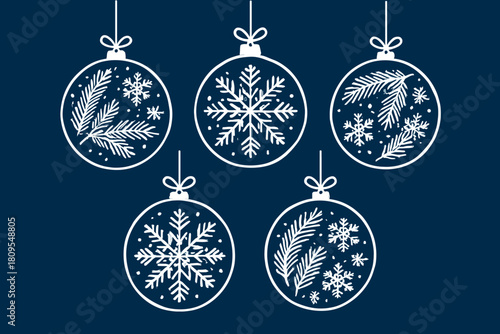 Elegant Christmas Ornaments. Collection of five Christmas ornaments, each with unique white patterns of snowflakes and pine branches, suspended against a deep blue. Vector illustration