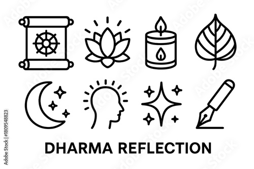 Dharma Icons in Moonlight. Dharma Reflection linear icon set. scripture roll, lotus, candle jar, Bodhi leaf, moonlight, aura, sparkle, pen