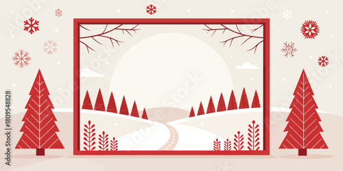 Vector christmas winter landscape with red frame, trees, snowflakes, and a snowy path leading to a bright background scene
