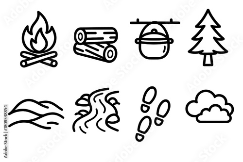 Winter Camp Icons. Frozen Wilderness Camp linear icon set. campfire, log seat, snowdrifts, cooking pot, pine trees, frozen stream, footprints, cloudy sky