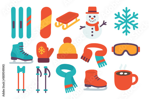 Winter Sports Icons. Snow Activities set flat icons set. skis, snowboard, sled, snowman, snowflake, ice skates, mittens, wool hat, goggles, scarf, ski poles, hot chocolate mug.
