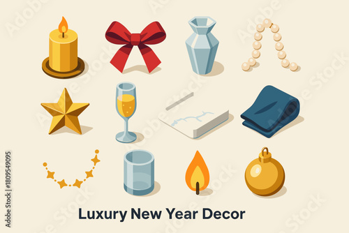 Isometric New Year Icons. Luxury New Year Decor flat icons set. gold candle, velvet ribbon, crystal vase, pearl chain, metallic star, champagne flute, marble tray, silk napkin