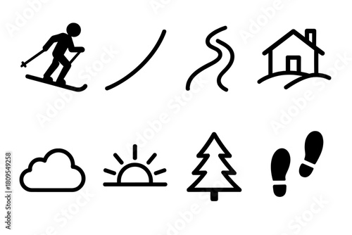 Alpine Icons Collection. Alpine Journey linear icon set. skier silhouette, slope line, snow trail, mountain hut, cloud, sunrise, evergreen, footsteps
