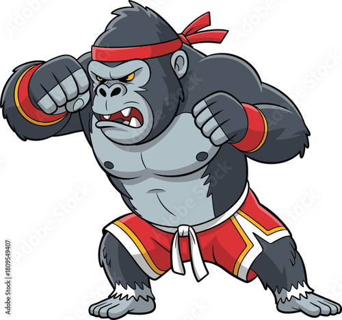 Aggressive cartoon gorilla in red headband and shorts, muscular build, clenched fists, martial arts stance, dynamic fighter character
