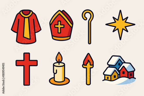 St. Nicholas Icon Set. Holy Nicholas Imagery flat icons set. red robe, gold sash, mitre, shepherd staff, glowing star, cross, candlelight, snowy village