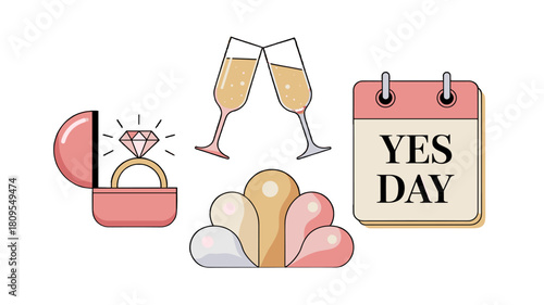 Romantic wedding illustration with ring, champagne glasses and calendar.