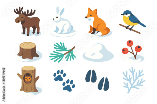 Winter Wildlife Icons. Winter Woodland Scene flat icons set. moose, hare, fox, songbird, tree stump, pine needles, snow mound, berries, paw prints, owl in tree, deer tracks, frosty