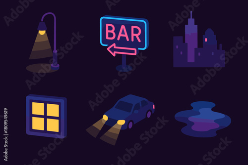 Vibrant City Icons. City Nights flat icons set. streetlamp, neon sign, skyline silhouette, glowing window, car headlights, reflection puddle