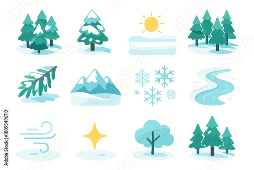Isometric Snowy Pines. Peaceful Snowy Pines flat icons set. clustered firs, snow on branches, pale sunlight, frosty horizon, tree shadows, icy leaves, mountain ridge, snow crystals