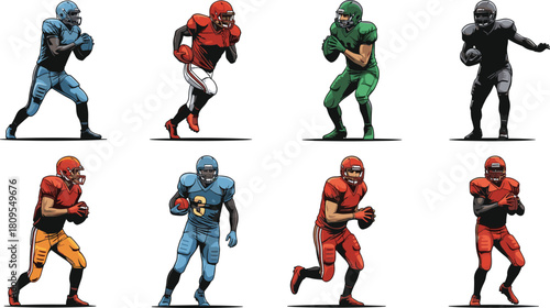 American football player illustrations, diverse uniforms, action poses, ball handling, team colors, sports character design, athletic concept art
