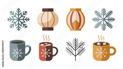 Cozy winter collection featuring snowflakes, lanterns and hot cocoa.