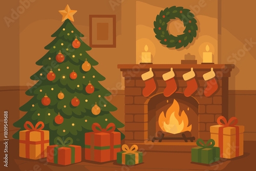 Cozy Christmas Serenity. Christmas tree adorned with twinkling lights and ornaments stands in a cozy living room. Wrapped presents are scattered around the base, and. Vector illustration