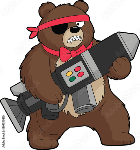 Angry cartoon bear with eyepatch and oversized blaster — tough animal fighter in red bandana and bow tie for combat themes