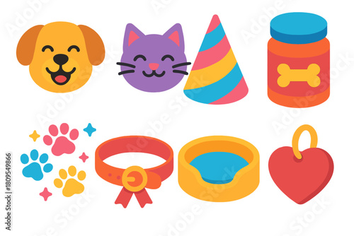 Furry Party Icons. Furry Friends Celebration flat icons set. smiling dog, purring cat, party hat, treat jar, paw print confetti, ribbon collar, cozy pet bed, heart-shaped tag