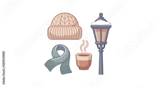 Winter essentials: Beanie, Scarf, Mug, and Lamp Post.