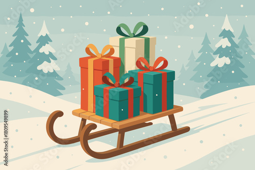 Festive Sled Journey. Sled laden with neatly wrapped gifts glides over a snowy landscape. The gift boxes are tied with bright ribbons, their vibrant colors. Vector illustration