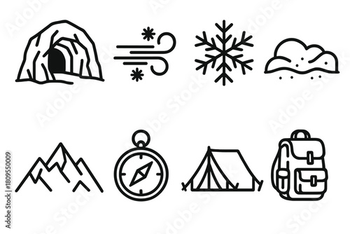 Arctic Adventure Icons. Arctic Environment linear icon set. ice cave, polar wind, frost crystal, snowdrift, ridge line, compass, tent, backpack