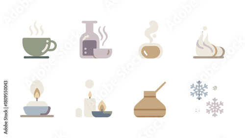 An illustration of eight icons, featuring tea, a teapot, candles, and snowflakes.