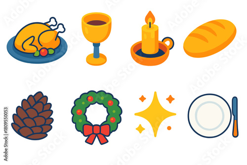 Winter Feast Icons. Winter Feast flat icons set. roast dinner, goblet, candlelight, bread loaf, pinecone, wreath, sparkle, plate