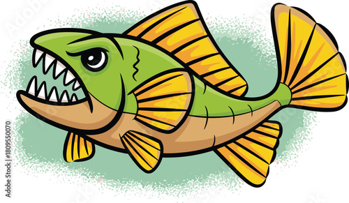 Angry cartoon fish illustration — green and tan aquatic character with sharp teeth, yellow fins, and bold underwater expression