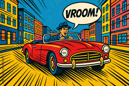 Retro Car Adventure. Classic car speeding down a vibrant pop art street, with exaggerated motion lines and a speech bubble from the driver shouting 'VROOM! ' The. Vector illustration