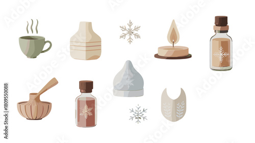 Cozy collection of winter themed illustrations with coffee cup and candle.