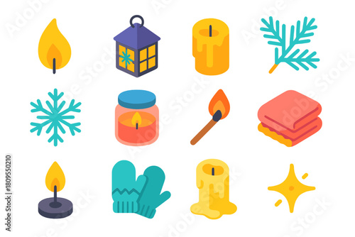 Winter Candle Icon Set. Winter Candle Glow flat icons set. candle flame, frosted lantern, wax drip, pine branch, snowflake, glass jar candle, matchstick, soft blanket, glowing wick