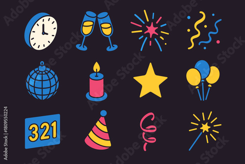 New Year's Icon Set. Midnight Countdown flat icons set. round clock face, champagne glasses, fireworks spark, confetti trail, disco ball, candlelight, star glow, balloon bunch