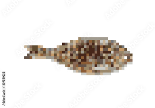 Pixelated Fish on White Background. 8 bit. Game development, mobile app. Isolated vector illustration.
