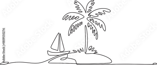 Minimalist one line art of a tropical island with a vibrant palm tree and a sleek sailboat, embodying summer freedom and peaceful escape.