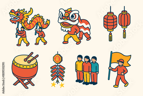 Chinese New Year Icons. Chinese New Year Festive Parade flat icons set. dragon dance, lion costume, red lanterns, drum, firecrackers, parade crowd, flag bearer, confetti