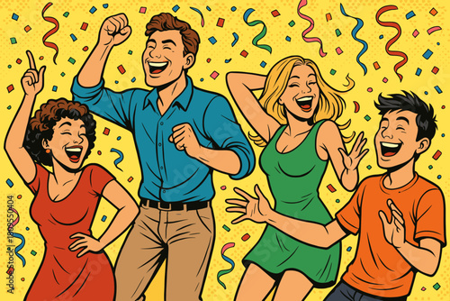 Comic Party Celebration. Comic-style illustration of a party scene with people dancing and laughing. The background is filled with colorful confetti and streamers,. Vector illustration