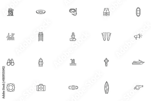 Lifeguard and beach safety line icon set featuring water rescue, swimming equipment and surveillance symbols