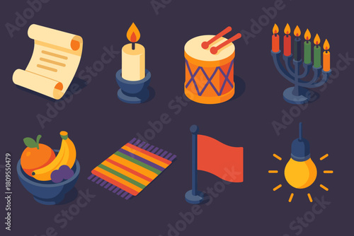 Vibrant Story Icons. Evening of Stories flat icons set. open scroll, candle, drum, kinara, fruit, mat, flag, light