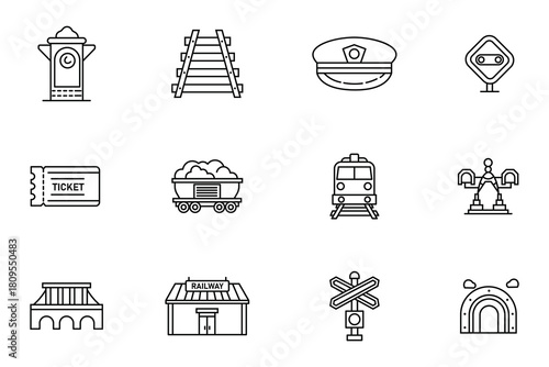 Railway and train transport line icon set including station, track, locomotive and ticket vector symbols
