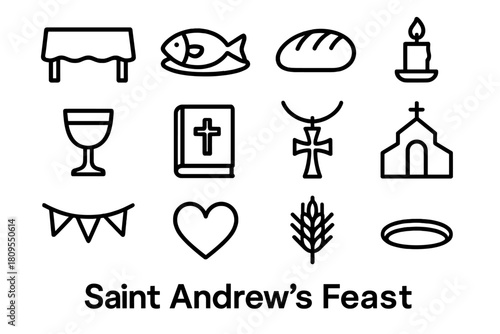 Saint Andrew's Feast Icons. Saint Andrew’s Feast linear icon set. dining table, fish dish, bread loaf, candlelight, goblet, holy book, cross pendant, church arch, wheat sheaf