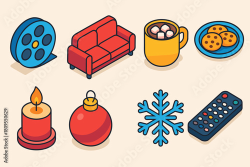 Festive Movie Night Icons. Holiday Movie Night flat icons set. film reel, sofa, cocoa with marshmallows, cookies plate, candle, ornament, snowflake, remote control