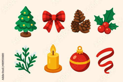 Festive Tabletop Icons. Festive Tabletop Tree flat icons set. mini tree, plaid bow, pinecones, holly berries, snow-dusted branches, candlelight, ornament, ribbon swirl