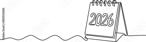 Continuous line drawing of a 2026 desk calendar. minimalist single line art concept of time, planning, and new year dates.