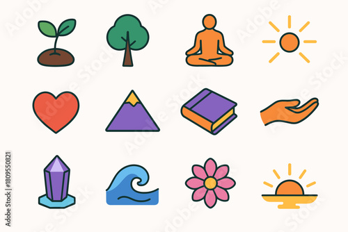 Inner Growth Icons. Inner Growth flat icons set. seed sprout, tree, meditation figure, light rays, heart, mountain peak, book, open hand, crystal, calm wave, flower bloom, sunrise