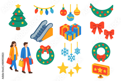 Festive Mall Icons. Holiday Mall Decor flat icons set. giant Christmas tree, string lights, ornaments, garland, escalator, gift boxes, snowflake mobiles, ribbon bows, shoppers