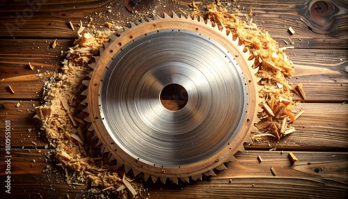 Top-down shot of a large, circular saw blade, surrounded by wood shavings, resting on a polished, wooden surface