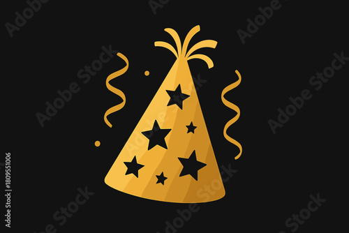 Golden Party Hat. Golden party hat adorned with stars and streamers sits slightly tilted, symbolizing celebration and fun. The hat is placed against a dark. Vector illustration