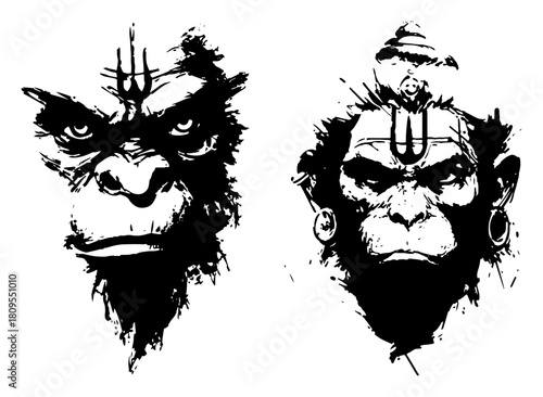 Lord Hanuman And Angry Ape Head Vector Illustration In Distressed Grunge Dry Brush Ink Style