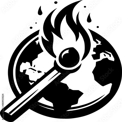 Burning Earth: A stark black and white illustration of a match igniting the planet, a powerful visual metaphor for global environmental issues, climate change and its devastating impact.