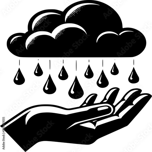 Embracing the Downpour: A symbolic representation of a nurturing hand cradling raindrops, with a dark, stylized cloud overhead. It evokes themes of care, sustenance.